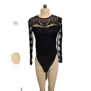 Black Lace & Mesh Long Sleeve Bodysuit Size S